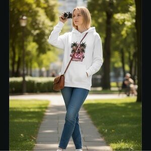 White Graphic Hoodie with Pink Accents